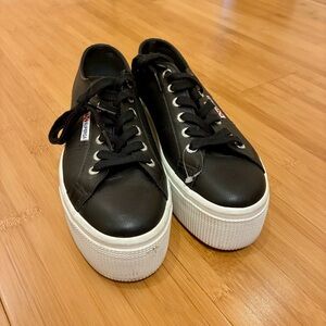 Superga Black Leather White Sole Smart Casual Sneakers ~Sz 6.5